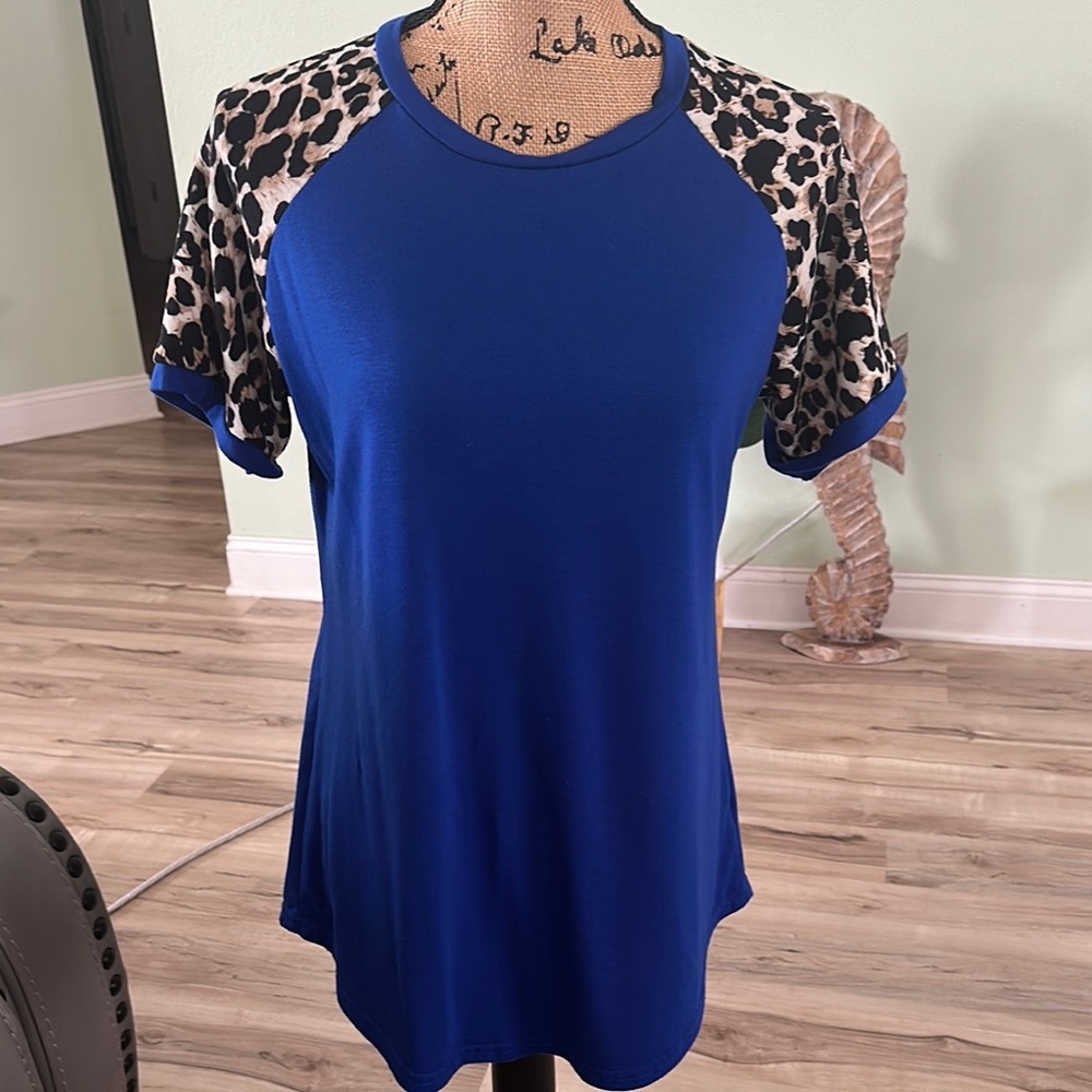 Royal Blue Women's Top with Leopard Print Sleeves - Picture 1 of 4